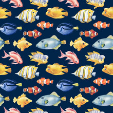 Watercolor Illustration. Seamless Pattern With Fish. Nautical Background For Wallpaper, Textile Design, Covers, Paper