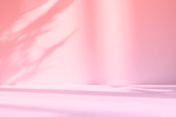 Leinwandbilder - Abstract pink studio background for product presentation. Empty room with shadows of window and flowers and palm leaves . 3d room with copy space. Summer concert. Blurred backdrop.
