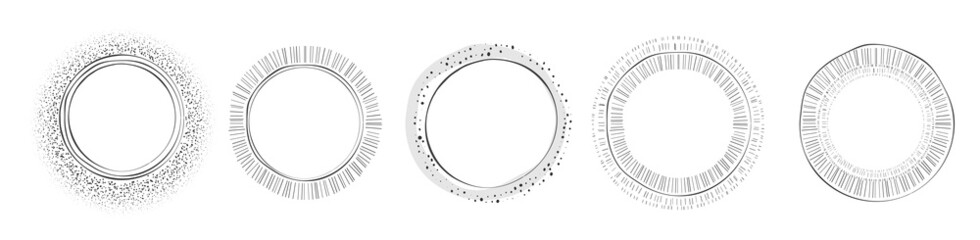 handdrawn circular graphic elements with variable stroke isolated on white background, vector illustration