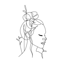 Women face with plants. Line art female with nature. Abstract face with butterfly by one line drawing. Portrait minimalistic style. Botanical print. Nature symbol of cosmetics. 