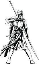 Fantasy Warrior With Spear Vector - Black And White Line Art Warrior