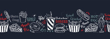 Beautiful Hand Drawn Delicious Fast Food Seamless Pattern, Tasty Background, Great For Textiles, Wrapping, Packaging, Wallpapers - Vector Design