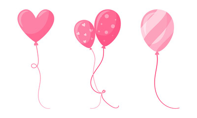 Pink festive balloons of classic shape and heart shape. Striped, with circles and hearts. A symbol of the holiday, a decorative element. Vector illustration in a flat cartoon style isolated on white.