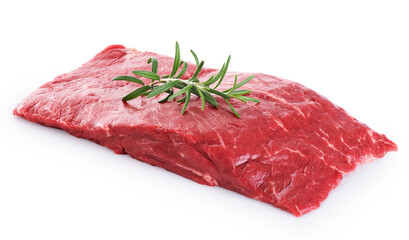 Fresh raw beef steaks and rosemary isolated on white background. 