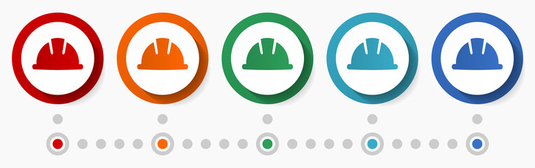 Poster - Helmet, worker concept vector icon set, infographic template, flat design colorful web buttons in 5 color options