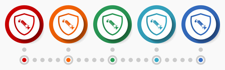 Poster - Vaccination sheld concept vector icon set, infographic template, flat design colorful web buttons in 5 color options