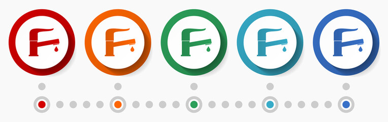Poster - Water, tap concept vector icon set, infographic template, flat design colorful web buttons in 5 color options
