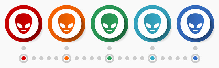Poster - Ufo, alien concept vector icon set, infographic template, flat design colorful web buttons in 5 color options