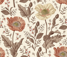 Seamless Pattern. Beautiful Blooming Realistic Isolated Flowers. Vintage Background Fabric. Poppy Poppies Wildflowers Set. Wallpaper Baroque. Drawing Engraving Sketch Vector Victorian Illustration
