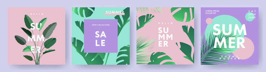 Wall Mural - Hello Summer banners, posters or covers with abstract tropical leaves and modern typography. Design templates for branding, advertising, promo events and sale.Tropical Summer set in minimalist style.