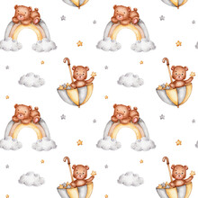 Seamless Pattern With Teddy Bear, Umbrella, Rainbow, Cloud And Stars; Watercolor Hand Drawn Illustration; With White Isolated Background