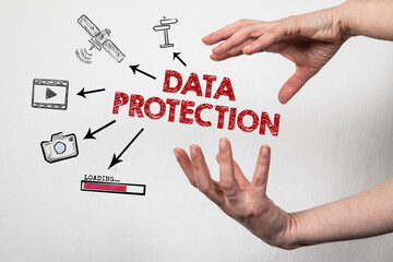 Wall Mural - DATA PROTECTION. Illustrated icons and arrows in a woman's hand on a white background