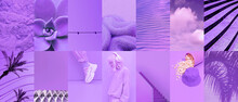 Set Of Trendy Aesthetic Photo Collages. Minimalistic Images Of One Top Color. Purple Moodboard