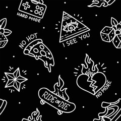 Simple tattoo designs seamless pattern in doodle style. Old school Tattoo background with rockabilly elements, phrases and quots. Trendy Tattoo designs for tee print fabric
