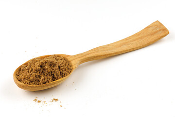 Sticker - Ground coriander seasoning in a wooden spoon isolate