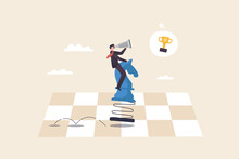Success Strategy, Leadership, Leaders With Clear Goals Can Lead An Organization Or Company To Success. A Businessman Riding A Chess Horse Uses Binoculars To Look At His Target.