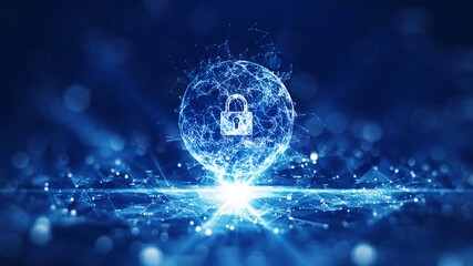 Spherical interconnected polygons, with a large padlock inside, prominent in the center, light below. Binary code polygons and small padlocks Center focus, blur outside with dark blue background.