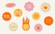 Retro Trendy Promotion Stickers Set. New Arrival. Bonus. Sale. Best Offer. Coming Soon. Shopping Stickers Pack Or Icons Collection. Vector Illustration