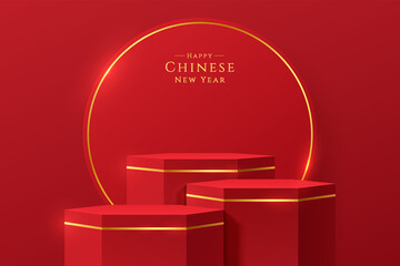 Realistic red, gold 3D hexagon stand or podium set with golden circle ring scene. Minimal scene for chinese new year. Stage showcase, Promotion products display. Vector abstract room, geometric forms.