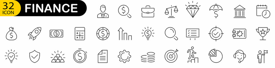 Wall Mural - Business and finance icon set. Finance editable stroke line icon set with money. Minimal thin line web icon set. Money, bank, check, law, auction, exchance, payment. Vector illustration.