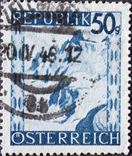 Austria - Circa 1947 : A Postage Stamp From Austria, Showing A Landscape In Austria: Silvretta Mountain Range (Vorarlberg)