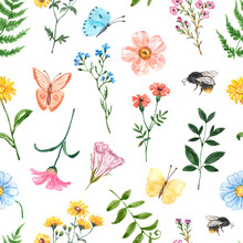 Watercolor Floral Seamless Pattern With Pretty Wildflowers And Grass On White Background. Blooming Meadow Print With Flowers, Bees And Butterflies. Natural Wallpaper.