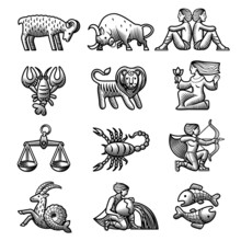 Set Of Icons With Zodiac Symbols In Engraving Style Isolated On White