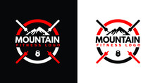 Fitness Sports Vintage Logo Design In The Mountains With Kettlebell And Barbell Bar.