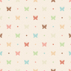 Retro seamless pattern. Color butterflies and dots on beige background