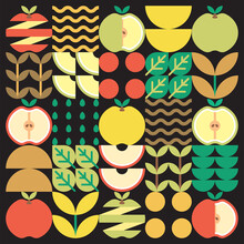 Apple Icon Abstract Artwork. Design Illustration Of Colorful Apple Pattern, Leaves, And Geometric Symbols In Minimalist Style. Whole Fruit, Cut And Split. Simple Flat Vector On A Black Background.