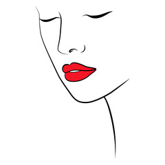 Wall Mural - Drawing an abstract face with a seamless pattern with red lips. The modern art of minimalism. A continuous background line with a woman.