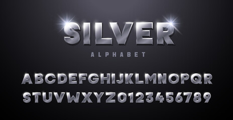 Silver Alphabet. Metallic font 3d effect typographic elements. Mettalic stainless steel three dimensional typeface effect