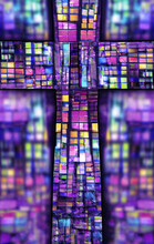  Stained Glass Cross Pink Blue Purple Multicolored With Intentionally Blurred Background, Vertical Format