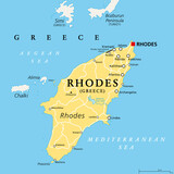 Fototapeta  - Rhodes, Greek island, political map. Largest of Dodecanese islands of Greece, in Mediterranean Sea, with several nicknames, such as Island of the Sun, The Pearl Island, and The Island of the Knights.