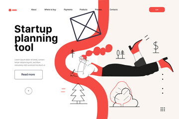 Wall Mural - Startup illustration, website landing template Flat line vector modern concept illustration, startup metaphor. Concept of building new business, strategy, company processes. Startup planning tool