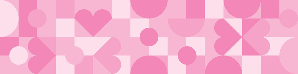 Seamless pink background for Mother's Day card template. Trendy geometric shapes with circles and hearts in retro style for Valentine's Day cover.