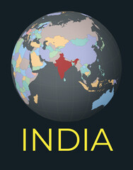 Wall Mural - World map centered to India. Red country highlighted. Satellite world view centered to country with name. Vector Illustration.