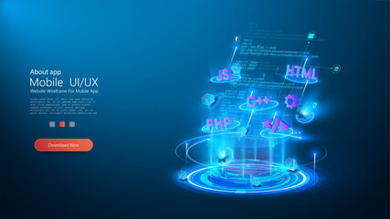 Leinwandbilder - Program code and programming languages on blue glowing background. Abstract technological experience of software developer and a computer script. Page template on topic of programming and development.