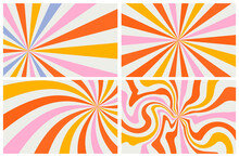 Set Acid Wave Rainbow Line Backgrounds In 1970s 1960s Hippie Style. Carnival Wallpaper Patterns Retro Vintage 70s 60s Groove. Psychedelic Poster Background Collection. Vector Design Illustration