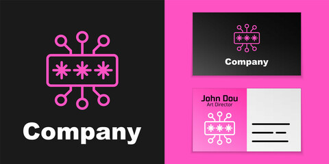 Wall Mural - pink line cyber security icon isolated on black background. closed padlock on digital circuit board.