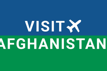 Wall Mural - Visit Afghanistan . Visit Logo Afghanistan  and plane. Air flight to  Kabul , capital Afghanistan . Text on blue-green background. Buying air ticket