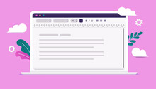 Text Edit And Word Writing Software On Laptop Computer Screen With Pink Background. Vector Illustration