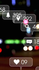 Wall Mural - animation of social media icons and numbers over road traffic and cityscape lights