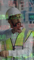 Wall Mural - animation of statistics processing over male architects talking at construction site