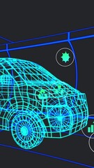 Wall Mural - animation of icons processing status data over 3d van model moving on black background