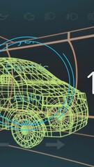 Wall Mural - animation of speedometer, gps and charge status data on hybrid van interface, over 3d van model