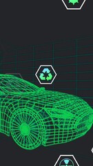 Wall Mural - animation of icons processing status data over 3d car model moving on black background