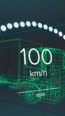 Wall Mural - animation of speedometer, gps and charge status data on vehicle interface, over 3d truck model