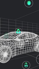 Wall Mural - animation of icons processing status data over 3d car model moving on black background