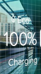 Wall Mural - animation of charge status data on electric vehicle interface, over sped up train passing station